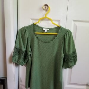 Green Smocked Blouse with Elbow Lacework Trim Sleeves NWOT
